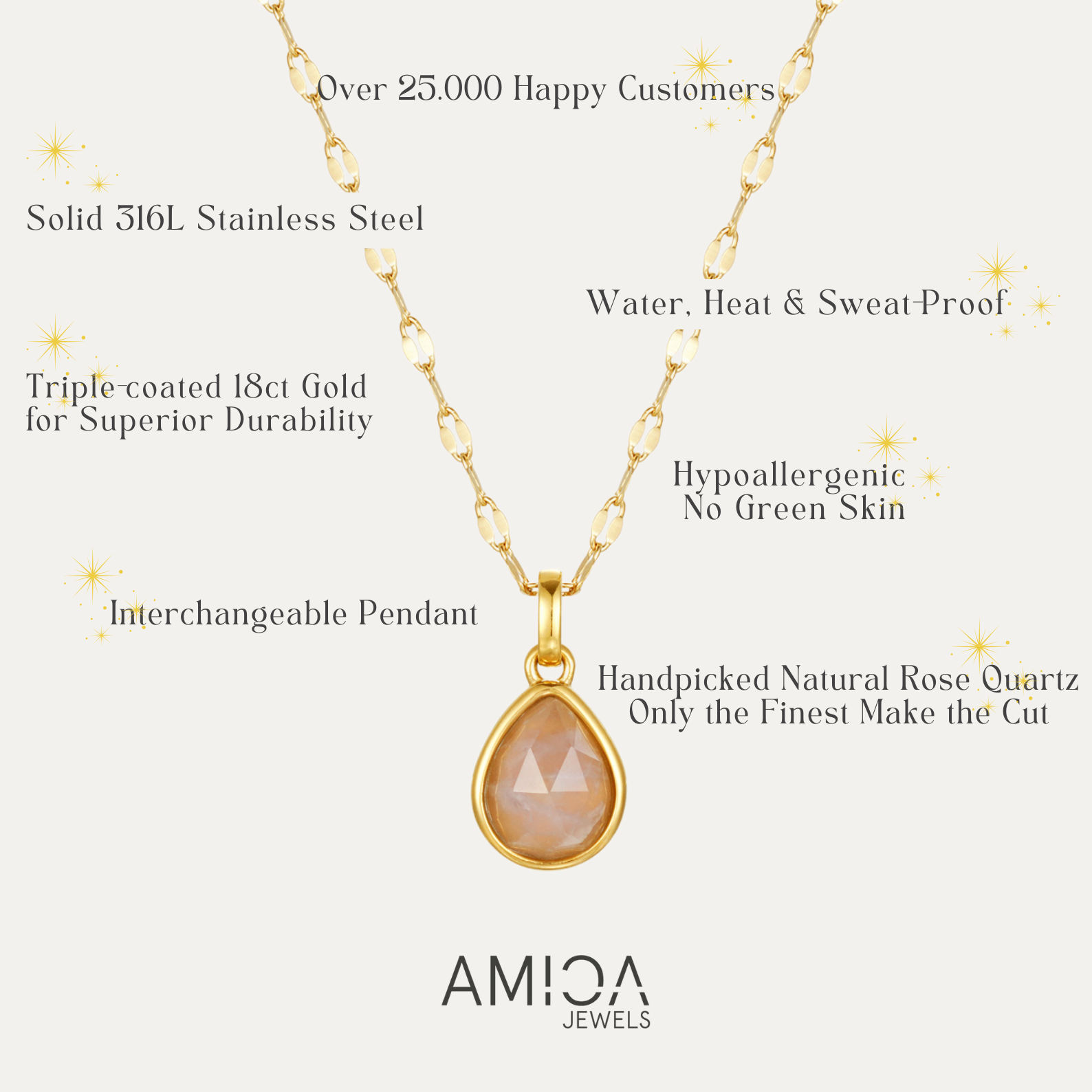 Gold necklace with teardrop pendant on a white background, featuring AMICA Jewels branding.