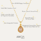 Gold necklace with teardrop pendant on a white background, featuring AMICA Jewels branding.