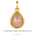 Gold pendant with a teardrop-shaped rose quartz stone on a white background, featuring the AMICA Jewels brand.