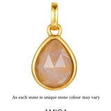 Gold pendant with a teardrop-shaped rose quartz stone on a white background, featuring the AMICA Jewels brand.