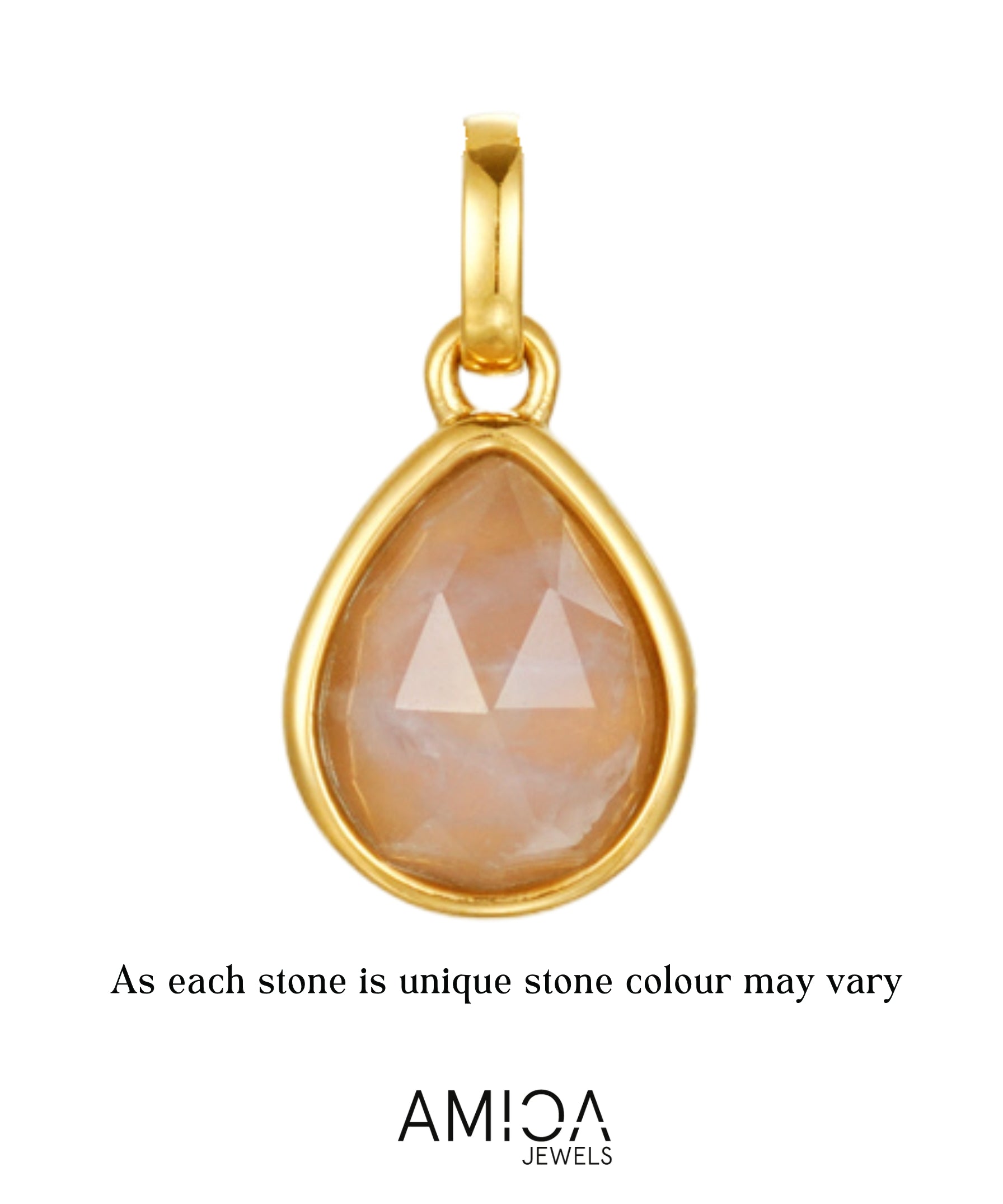 Gold pendant with a teardrop-shaped rose quartz stone on a white background, featuring the AMICA Jewels brand.