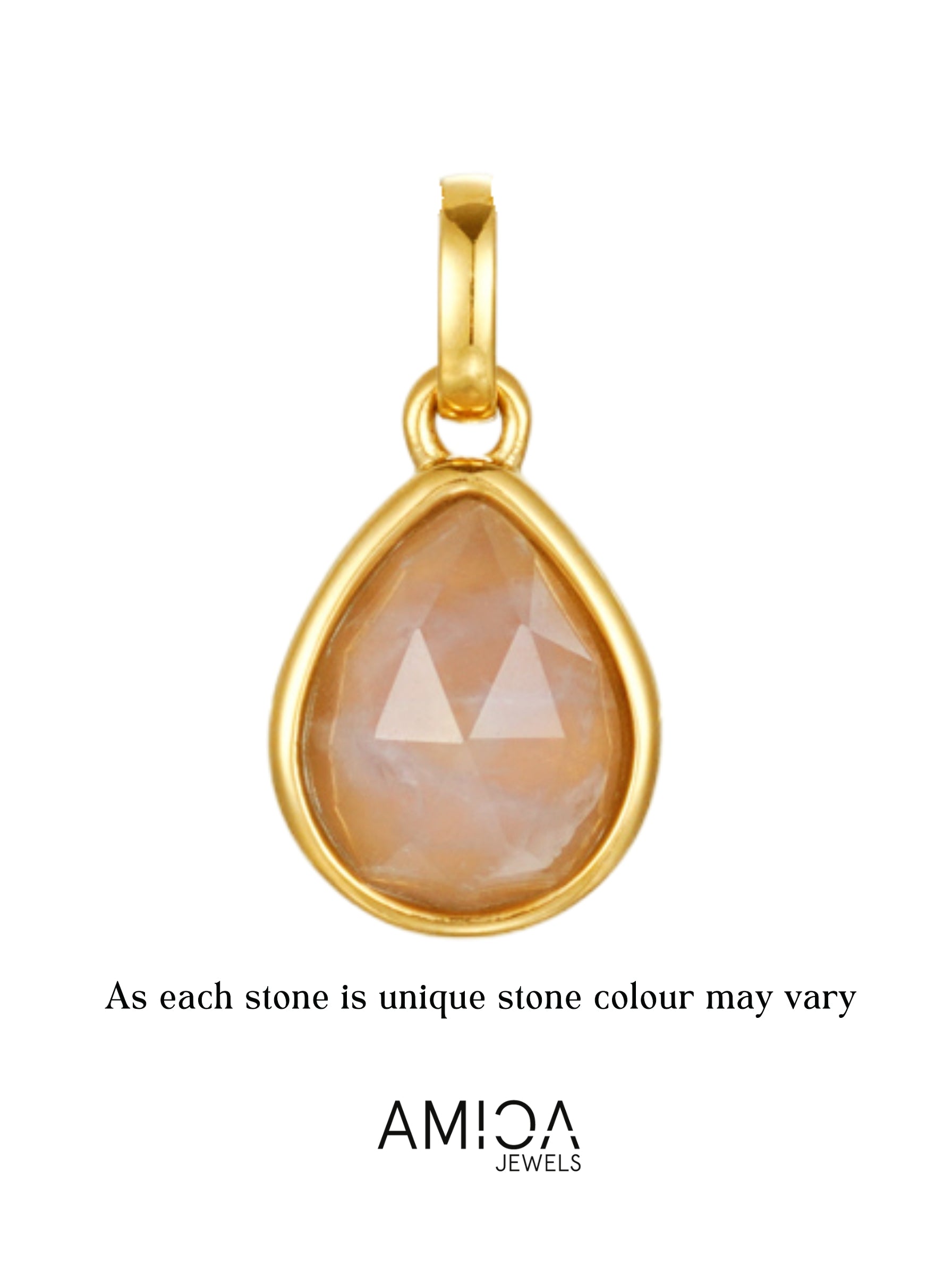 Gold pendant with a teardrop-shaped rose quartz stone on a white background, featuring the AMICA Jewels brand.